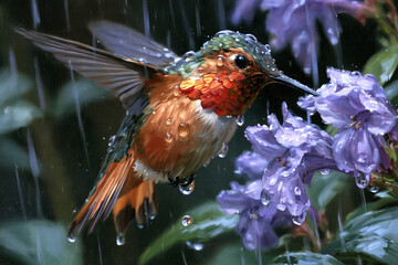 Fototapeta premium Hummingbird hovering near purple flowers in the rain