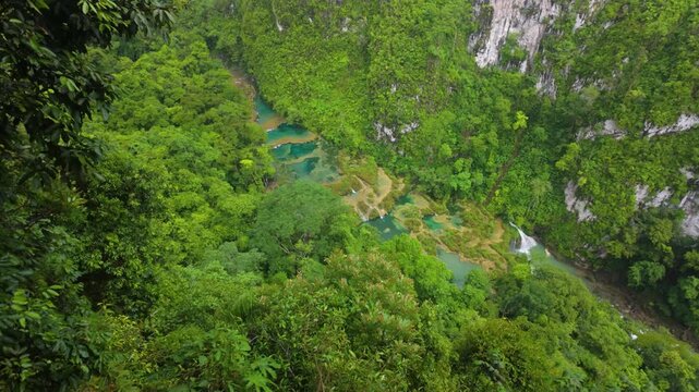 High Angle View of Semuc Champey Pools in Deep Canyon