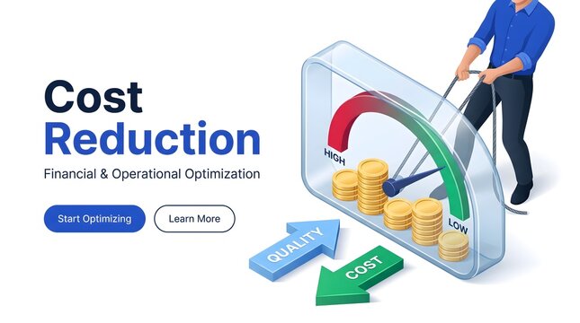 Man pulling lever to reduce costs and increase quality financial and operational optimization concept cost reduction meter with coins