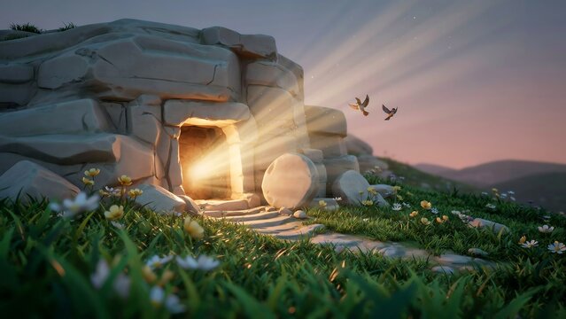 3D render of an open stone tomb with bright light shining from within on a grassy hill with flowers and two flying birds