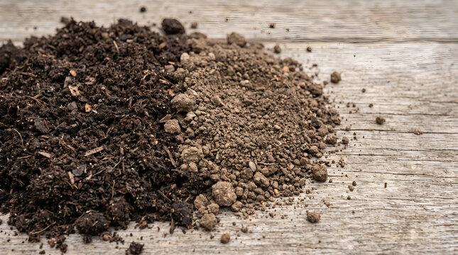Mature compost and mineral topsoil illustrate organic matter recycling and soil improvement. Suitable for composting services, sustainable agriculture advertising, and environmental education.
