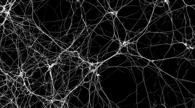 Intricate neural network pathways glowing brightly against a solid deep dark background illustrating microscopic biological brain cell connections and synaptic transmission activity