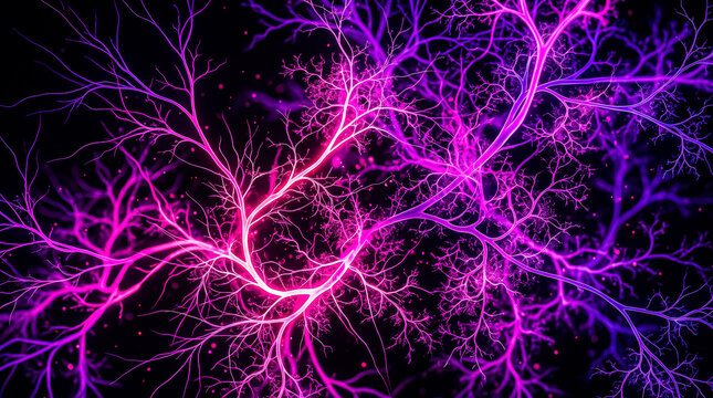 Glowing purple neural network rendering featuring intricate interconnected synapses and vibrant neon pink electricity pulses traveling across dark microscopic digital pathways in futuristic cyberspace