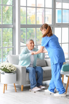 Elderly care and home health assistance, nurse helping senior woman stand up from sofa in living room for physical therapy and mobility support