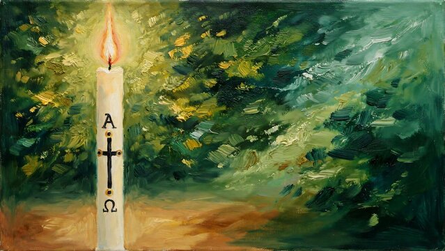 Paschal candle with alpha and omega symbols and a cross, glowing in a dark green forest setting, oil painting style