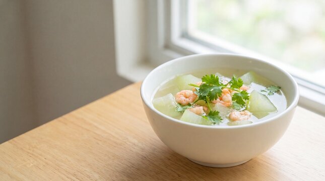 Winter melon soup with shrimp and coriander in white bowl