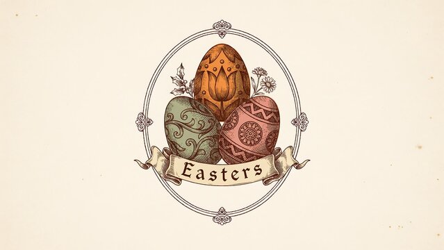 Vintage style easter greeting card with three decorated eggs and floral inside an oval frame
