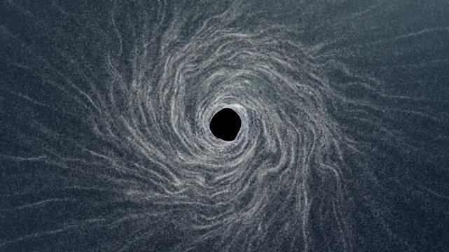 3D simulation of a fully developed whirlpool with a small black center, dense white foam streaks and fine spiral currents rotating, top view