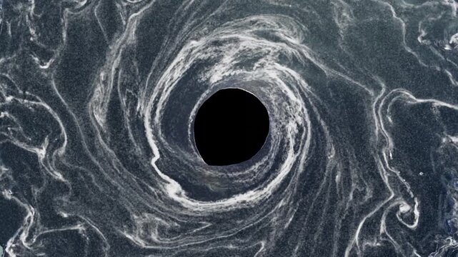 3D simulation of a powerful water whirlpool with a wide black center, thick white foam spirals and dark swirling water, rotating, seen from above