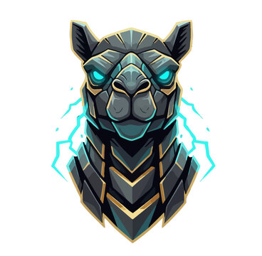 A striking illustration of a robotic llama head with glowing blue eyes and electric lightning bolts.