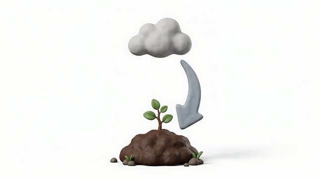Clay model of a small green plant growing in soil with a cloud and