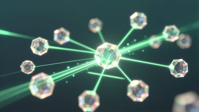 Crystal lattice connected by vibrant green laser beams against a dark background.
