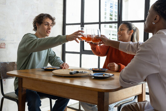 Diverse friends clinking stemless glasses while sharing casual meal at dining table by window