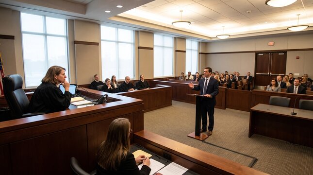 Legal counsel delivers persuasive arguments to the presiding judge and attentive jury in a contemporary courtroom, illustrating the judicial process and pursuit of justice