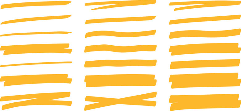 Marker highlight text line set. Hand drawn marker highlight text line yellow stroke brush pen underline. Paper banner frame watercolor sharpie memo background. Vector