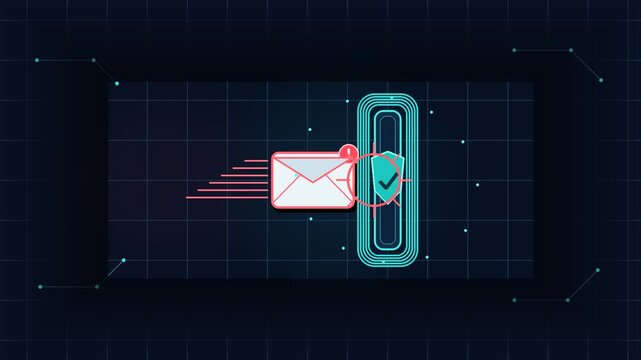Animated Email Moving Towards Secure Shield Icon Graphic On Dark Grid Background With Neon Glowing Lines