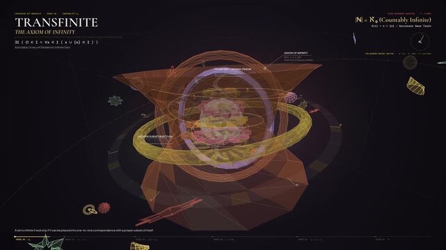 Abstract mathematical visualization of Transfinite Set Theory and the Axiom of Infinity, featuring Cantor diagonal proof, continuum hypothesis, and the concept of countably infinite sets