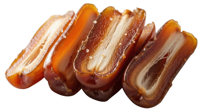 Sweet dried dates halves pitted isolated on black background