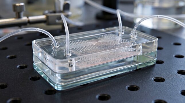 Biomedical engineering concept showing a lung-on-a-chip microfluidic platform for studying tissue barriers and respiratory disease mechanisms.