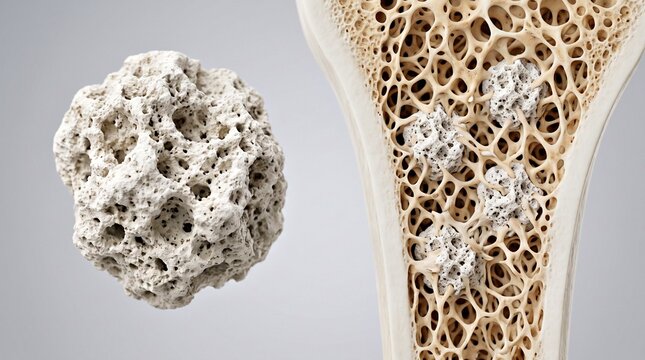 Biomedical illustration of porous bone graft material used in orthopedic and dental applications to support bone healing and regeneration.