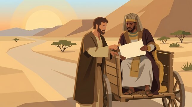 philip explaining scroll scripture to ethiopian official in chariot illustration - ai generated