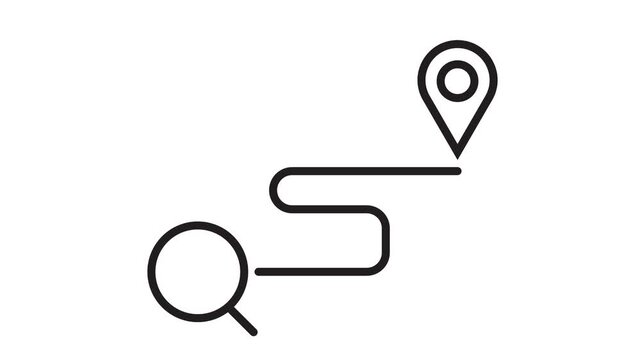 Magnifying glass tracing path line toward map pin location icon animation flat graphic.