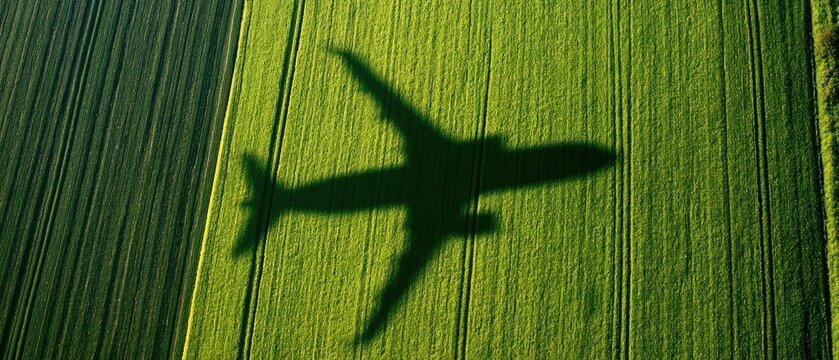 Aerial view of airplane shadow casting on green agricultural field