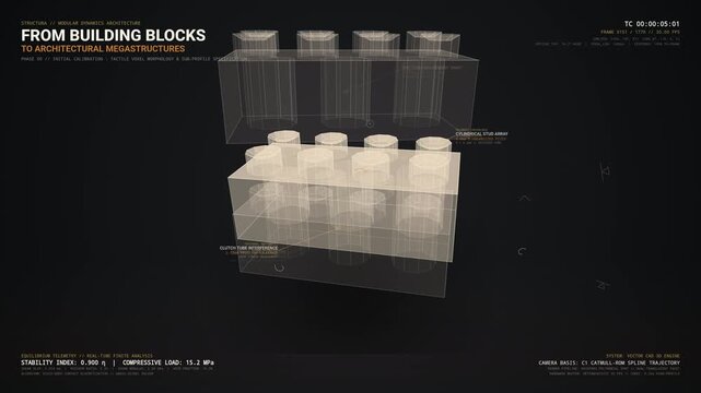 3D infographic animation showing interlocking building blocks assembling into architectural megastructures with technical HUD displaying stability index and compressive load data for engineering conc