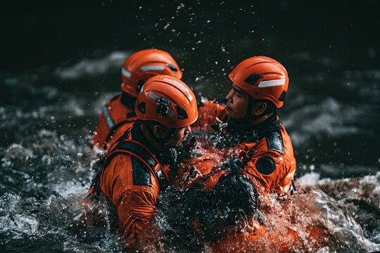 Rescue workers pull an injured hiker from a muddy river. The scene shows several responders in bright gear working together in difficult conditions