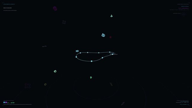 Abstract futuristic visualization of string theory geometries with glowing lines intersecting particles and scientific data text overlays in dark space 3D animation