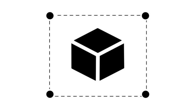 3D cube inside dashed selection frame icon for object selection, transform tool, bounding box, 3D modeling, graphic design editor