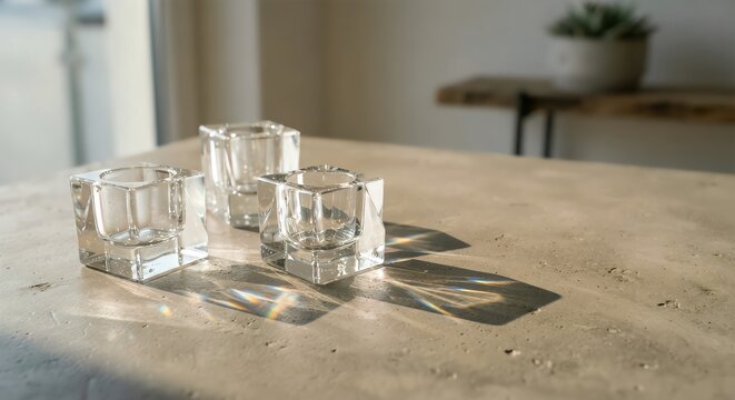 Drei quadratische Kerzenhalter aus Kristallglas mit Lichtbrechung auf beigefarbener Betonoberfl&auml;che im Sonnenlicht, modernes Interieur-Stillleben mit viel Kopierraum