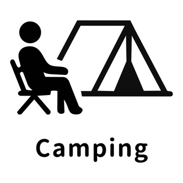キャンプ・テントとチェアに座る人のアイコンピクトグラムと文字 Camp and camping icon pictograph with person
