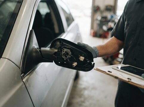 damaged side mirror insurance inspection Man inspecting broken car side mirror in repair garage with clipboard