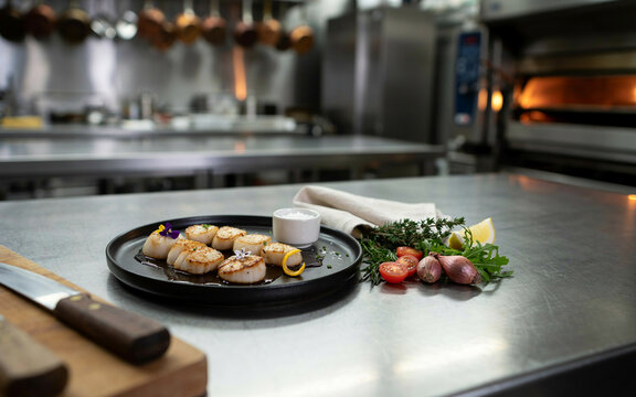 Gourmet seared scallops served on plate in professional restaurant kitchen setting with plated dish