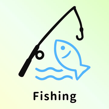 釣り・フィッシングと魚のアイコンピクトグラムと文字 Fishing and fish icon pictograph