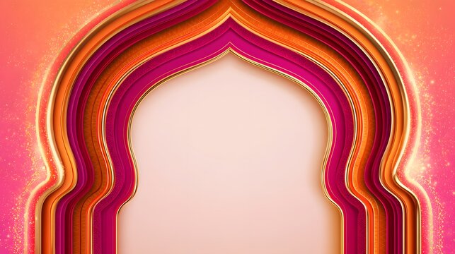 Luxurious islamic arch frame with layered orange and magenta gradients and intricate golden patterns for celebrations