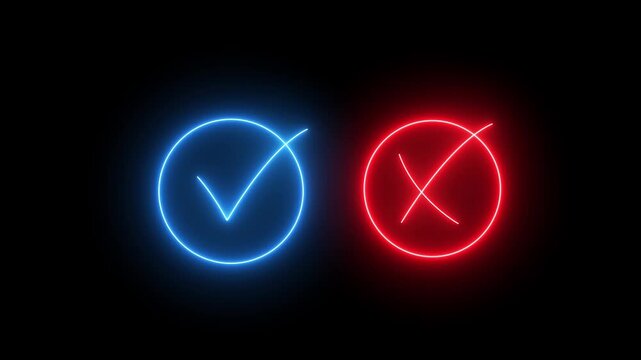 Glowing green checkmark and red cross neon icons for correct and incorrect, true or false, pass or fail, validation, approval