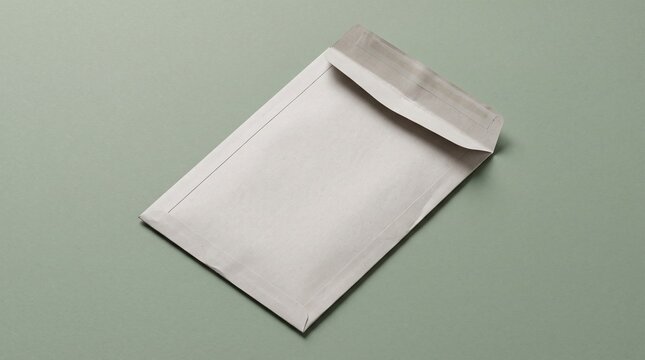 Close-up of a blank white mailer envelope lying flat on a solid green studio surface mockup