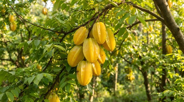 Bunch of ripe yellow starfruit or carambola hanging on a tree branch in a lush tropical orchard, fresh exotic fruit growing in a sunny garden, agriculture and organic farming concept.