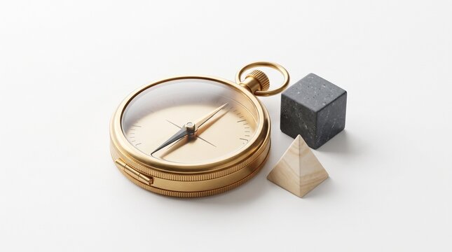 Vintage gold compass with geometric stone cube and wooden pyramid on