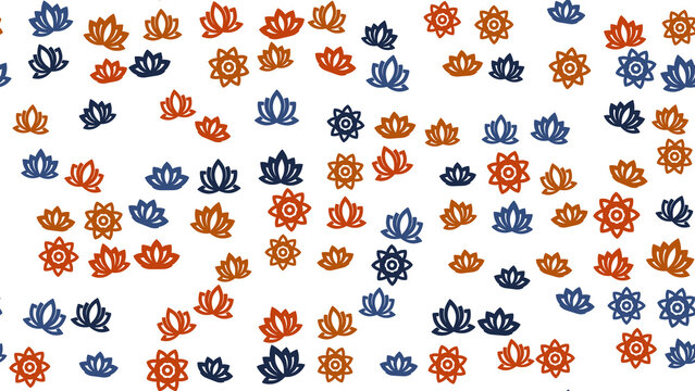 Seamless pattern of stylized lotus flowers in blue and orange