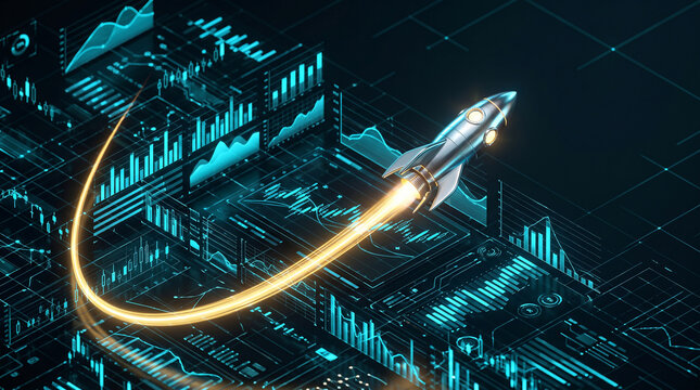 Silver rocket flying over glowing digital financial charts and dark data grid, ideal for startup growth, market analysis and investment campaigns