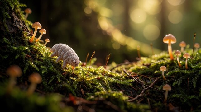 Macro view of tiny pale tardigrade crawling on green moss. Microscopic water bear moves among small mushrooms on forest floor. Small invertebrate explores damp woodland ecosystem with soft bokeh