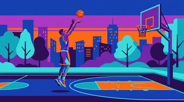 Basketball player jumping for a shot on a city court at sunset