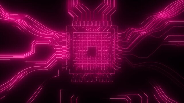 Glowing Pink Neon CPU Microchip Processor Line Animation Background