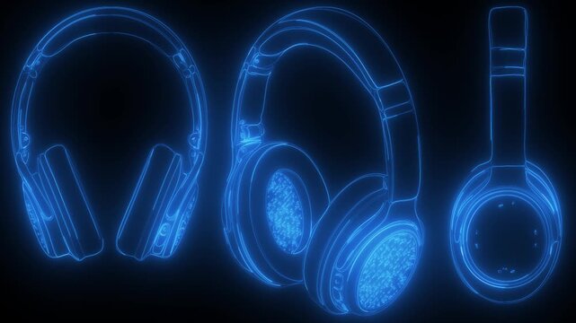 Glowing neon headphones and earbuds floating in dark space for tech