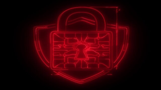 Neon red glowing digital security shield with circuit board lock