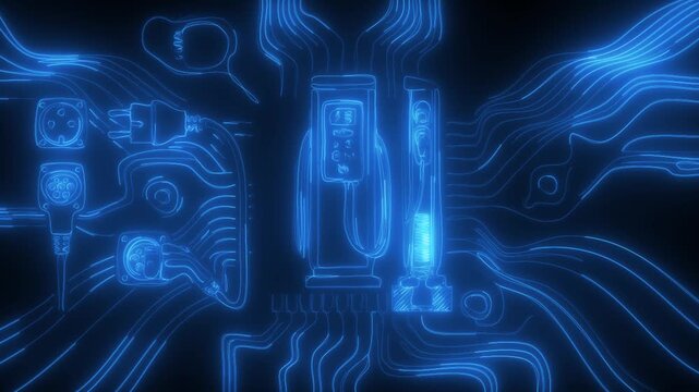 Glowing Blue Neon Electric Vehicle EV Charger Station Line Animation
