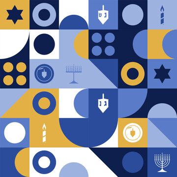 Bauhaus Hanukkah seamless pattern menorah and Star of David in navy